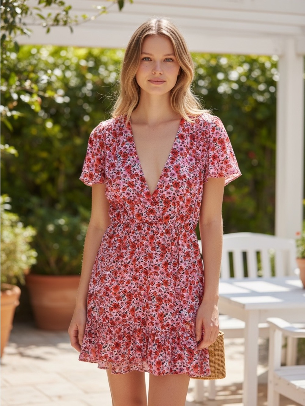 ZARA Red and Pink Floral V-Neck Mini Dress